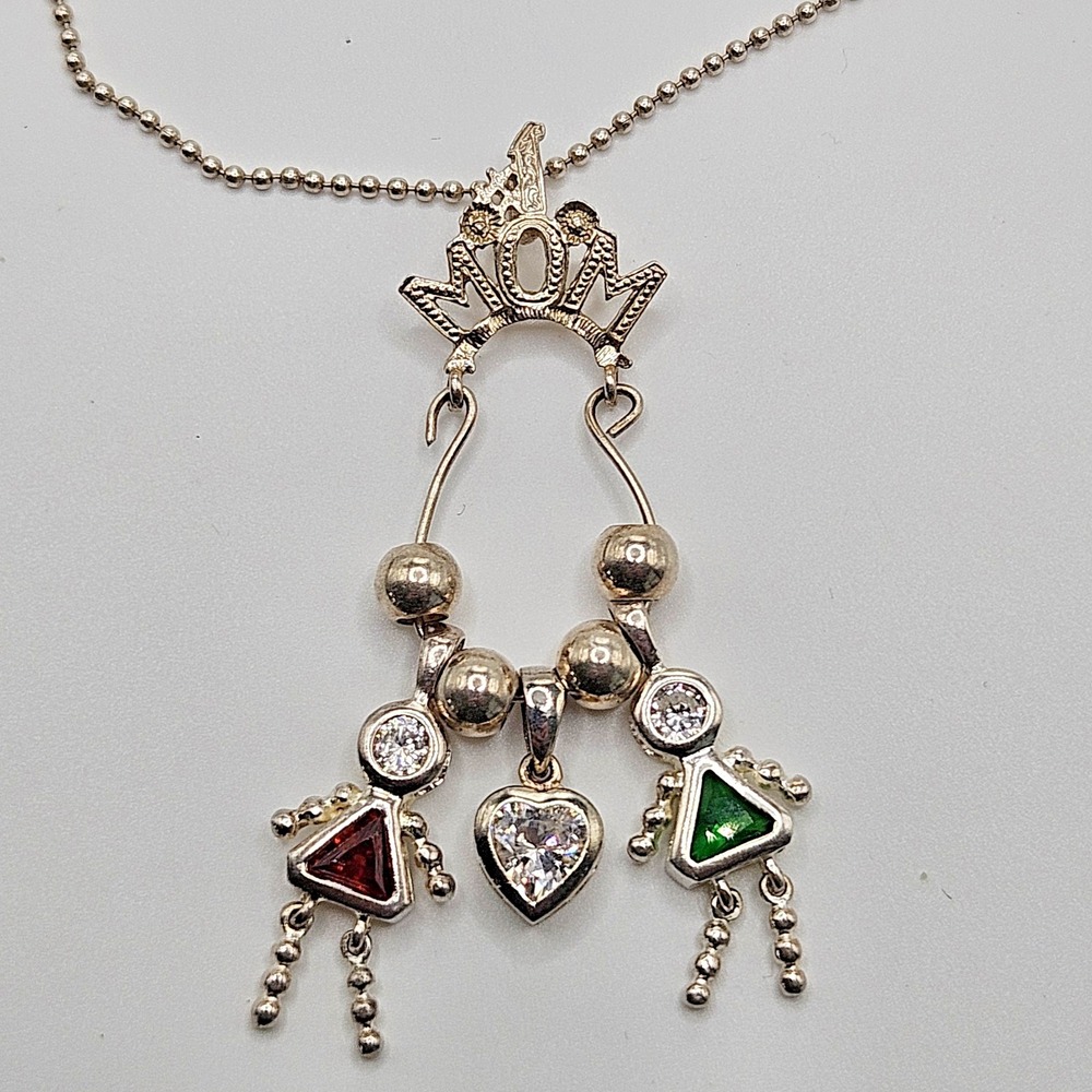 Sterling Silver Mom Charm Holder Necklace Heart Birthstone Kid Charms 24"
